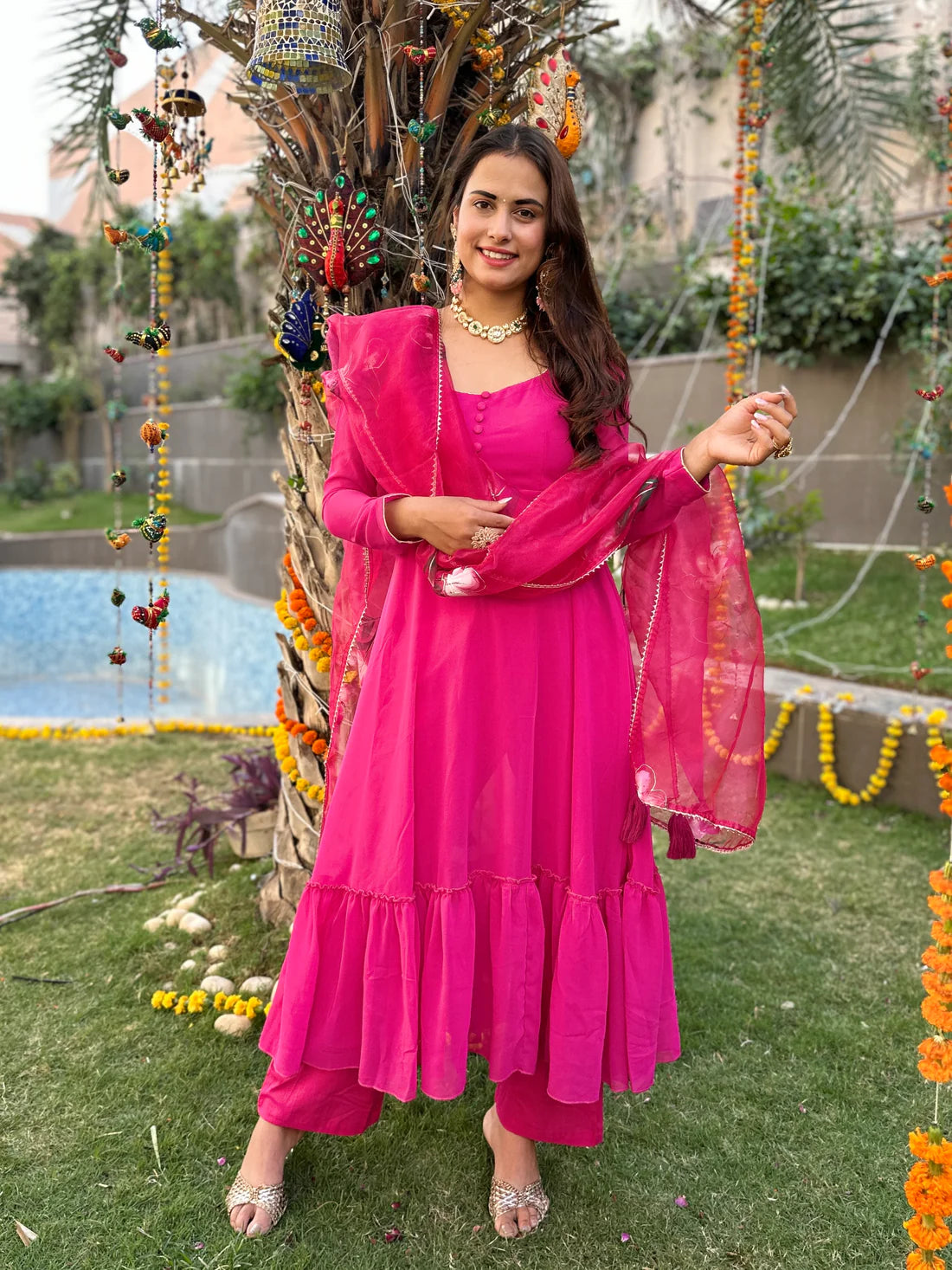 Organza Dupatta Pink Kurta Set