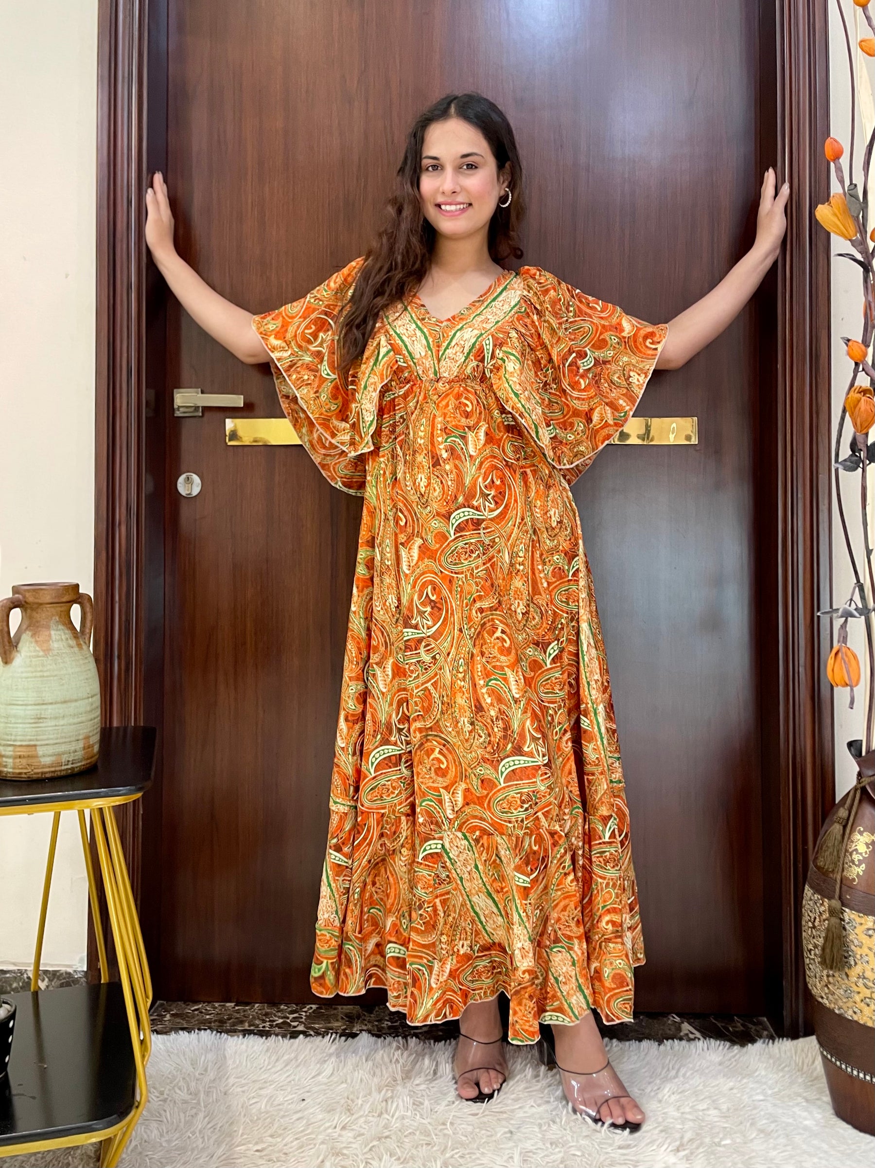 Butterfly sleeves pompom featured boho printed maxi dress in Orange