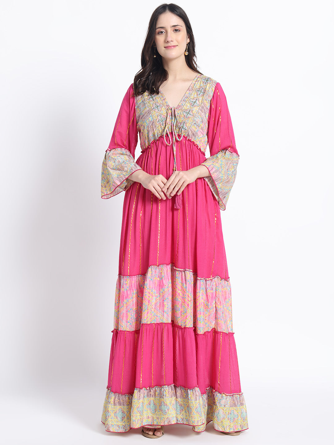 Embroidery Hand Work Bell Sleeves Boho Printed Maxi Dress - Pink Meadow Charm