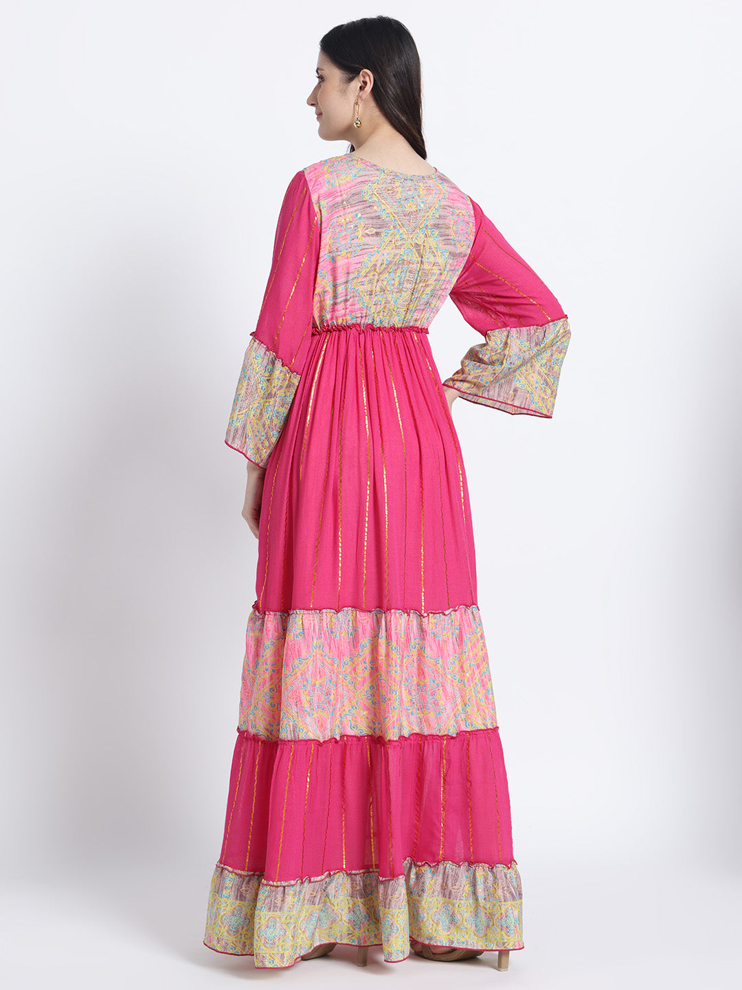 Embroidery Hand Work Bell Sleeves Boho Printed Maxi Dress - Pink Meadow Charm