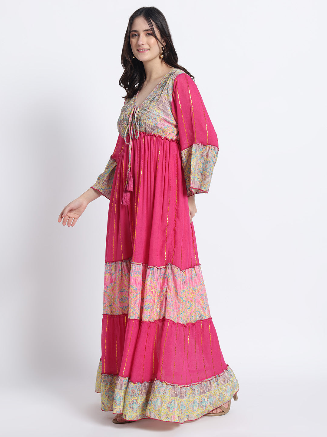 Embroidery Hand Work Bell Sleeves Boho Printed Maxi Dress - Pink Meadow Charm