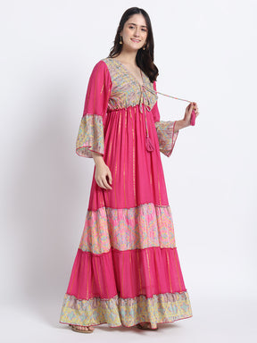 Embroidery Hand Work Bell Sleeves Boho Printed Maxi Dress - Pink Meadow Charm