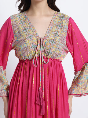 Embroidery Hand Work Bell Sleeves Boho Printed Maxi Dress - Pink Meadow Charm