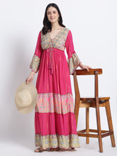 Embroidery Hand Work Bell Sleeves Boho Printed Maxi Dress - Pink Meadow Charm