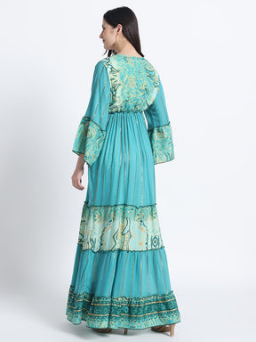 Embroidery Hand Work Bell Sleeves Boho Printed Maxi Dress - Turquoise Whimsy