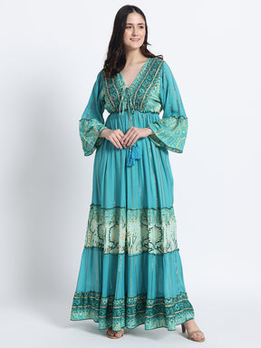 Embroidery Hand Work Bell Sleeves Boho Printed Maxi Dress - Turquoise Whimsy