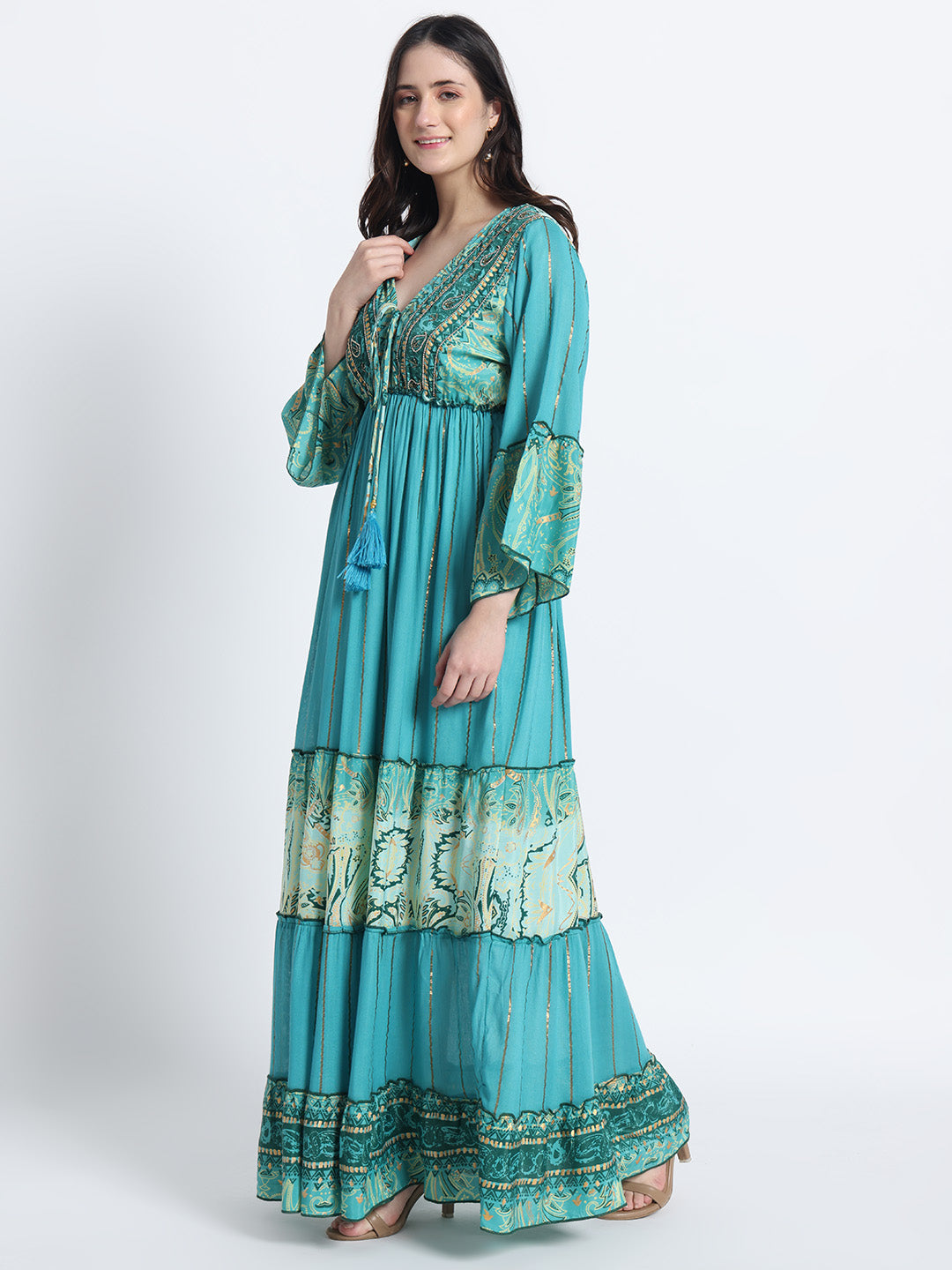 Embroidery Hand Work Bell Sleeves Boho Printed Maxi Dress - Turquoise Whimsy