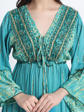 Embroidery Hand Work Bell Sleeves Boho Printed Maxi Dress - Turquoise Whimsy