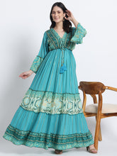 Embroidery Hand Work Bell Sleeves Boho Printed Maxi Dress - Turquoise Whimsy