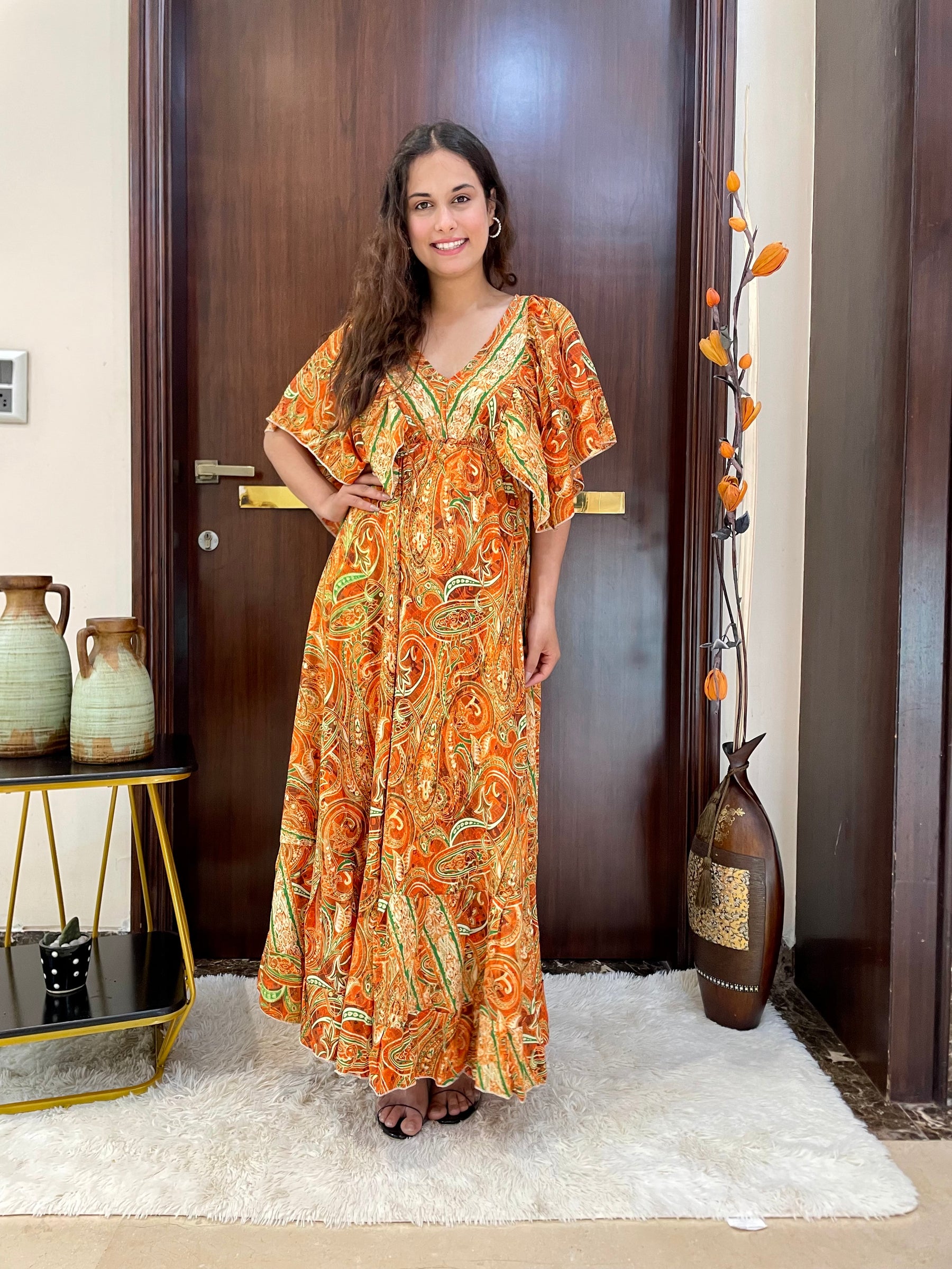 Butterfly sleeves pompom featured boho printed maxi dress in Orange