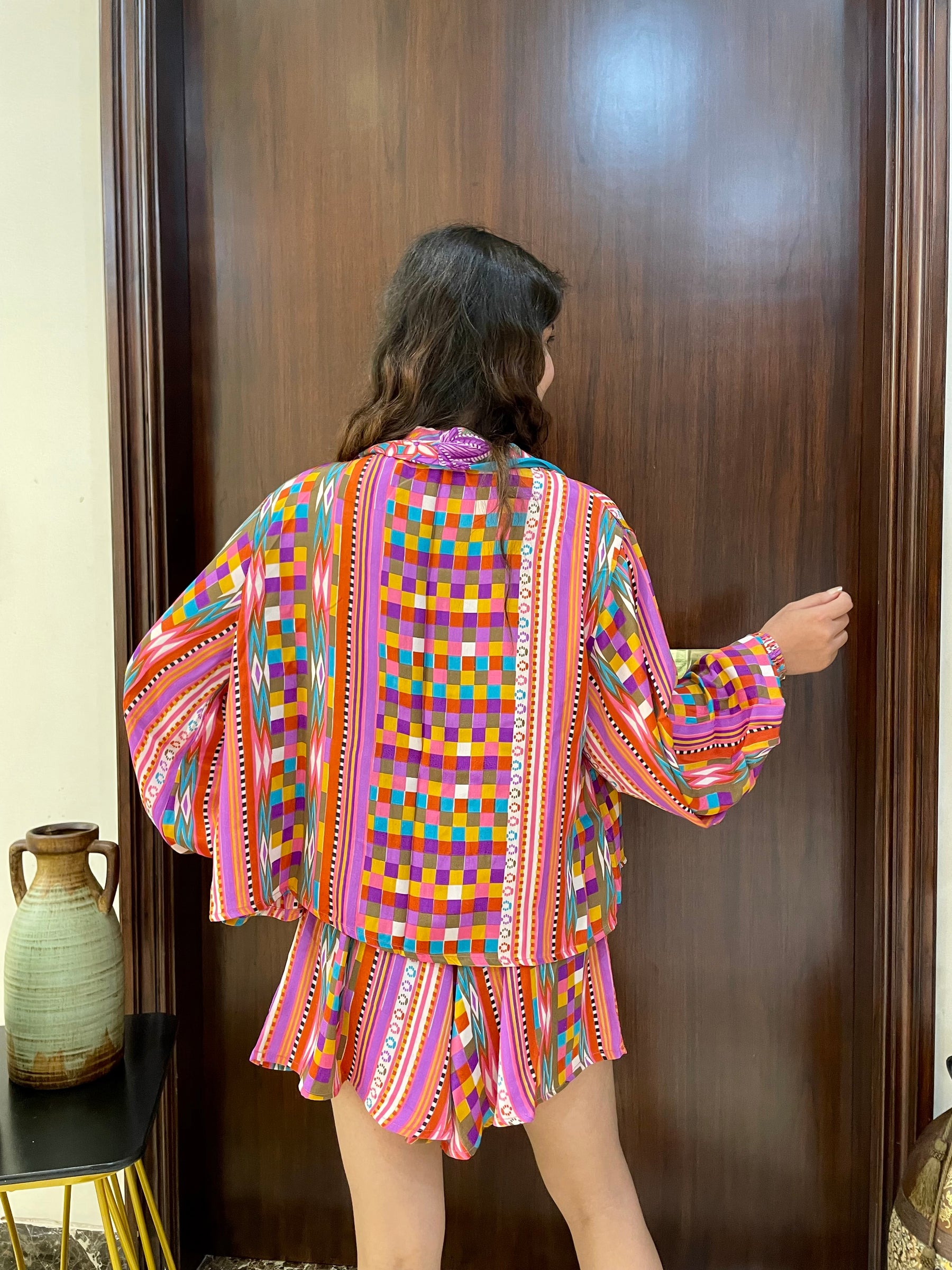 Puff Sleeves Kimono and Shorts Coordinate Set (3 Piece)-  Spectrum Dream SmisingBee