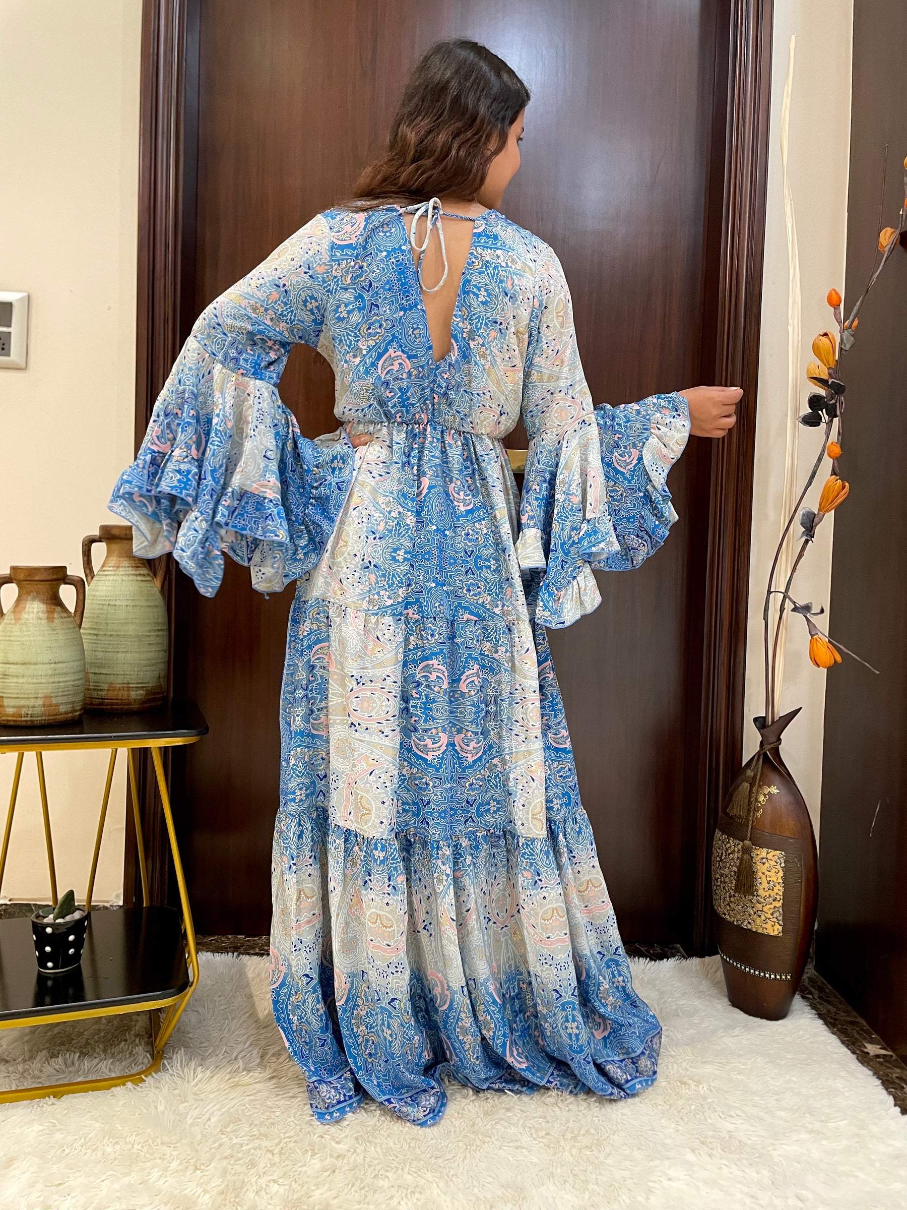 Ruffle Sleeves Boho Maxi Dress- Sky Pearl