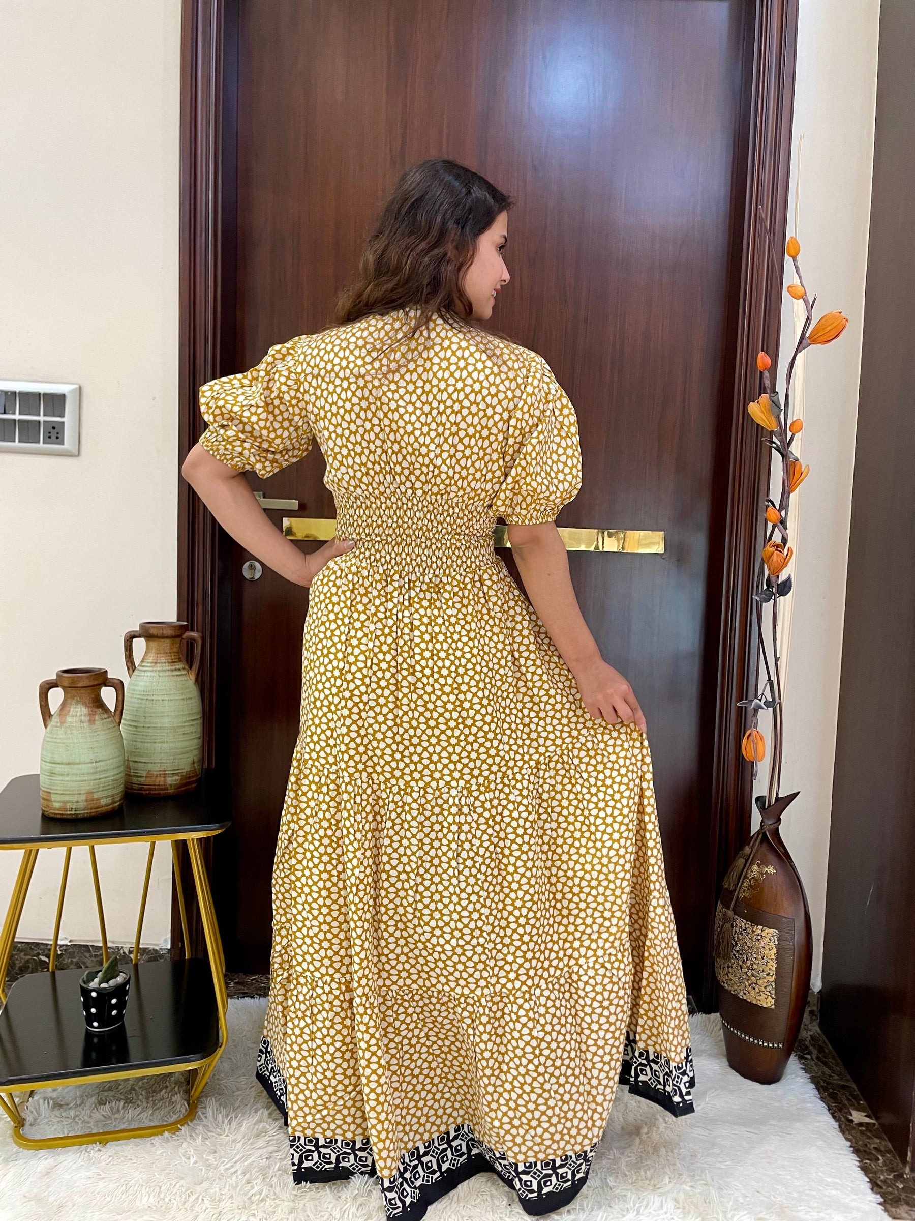 Puff Sleeves Cut Out Pattern Long Dress