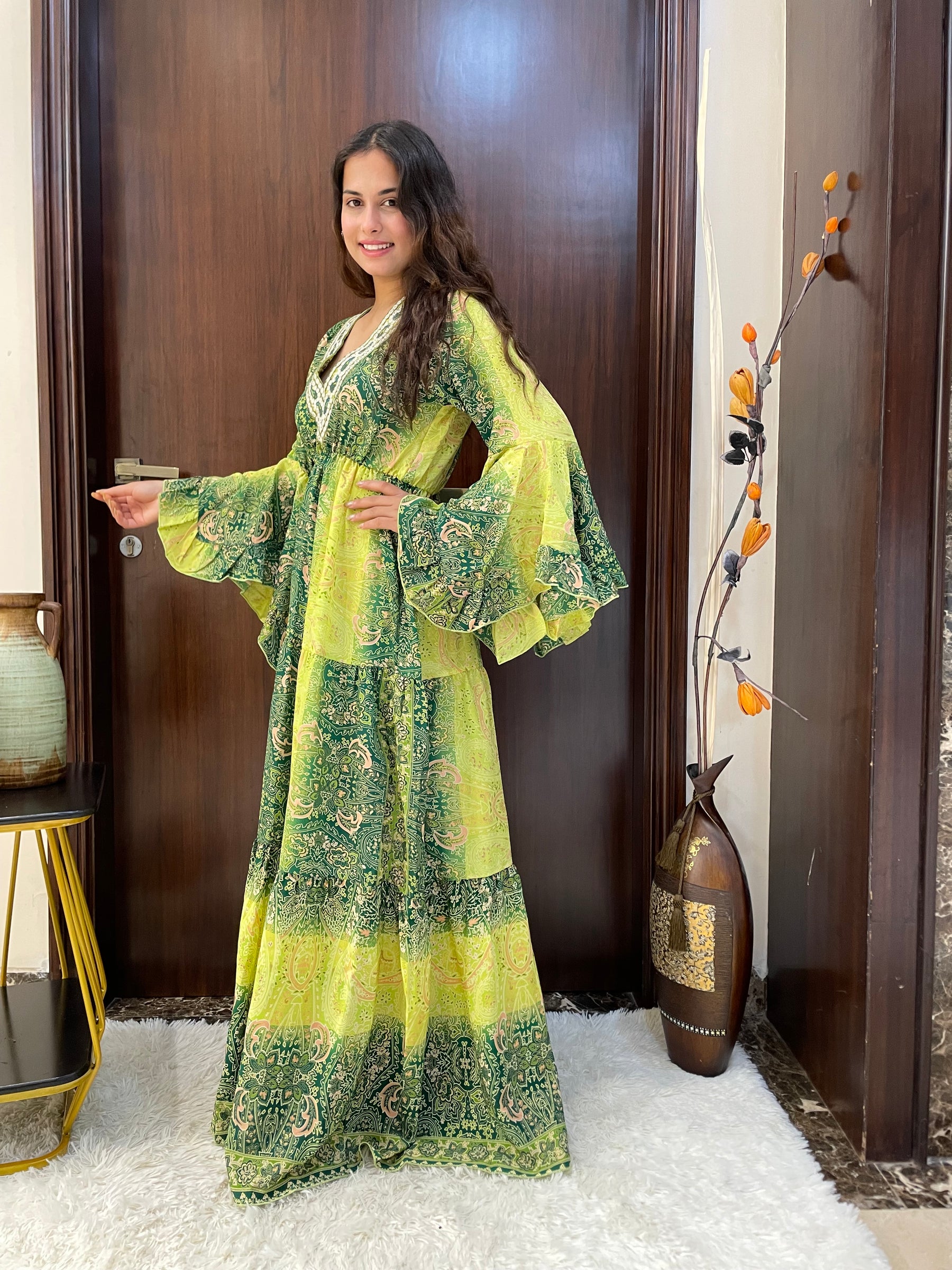 Ruffle Sleeves Boho Maxi Dress- Emerald Lime