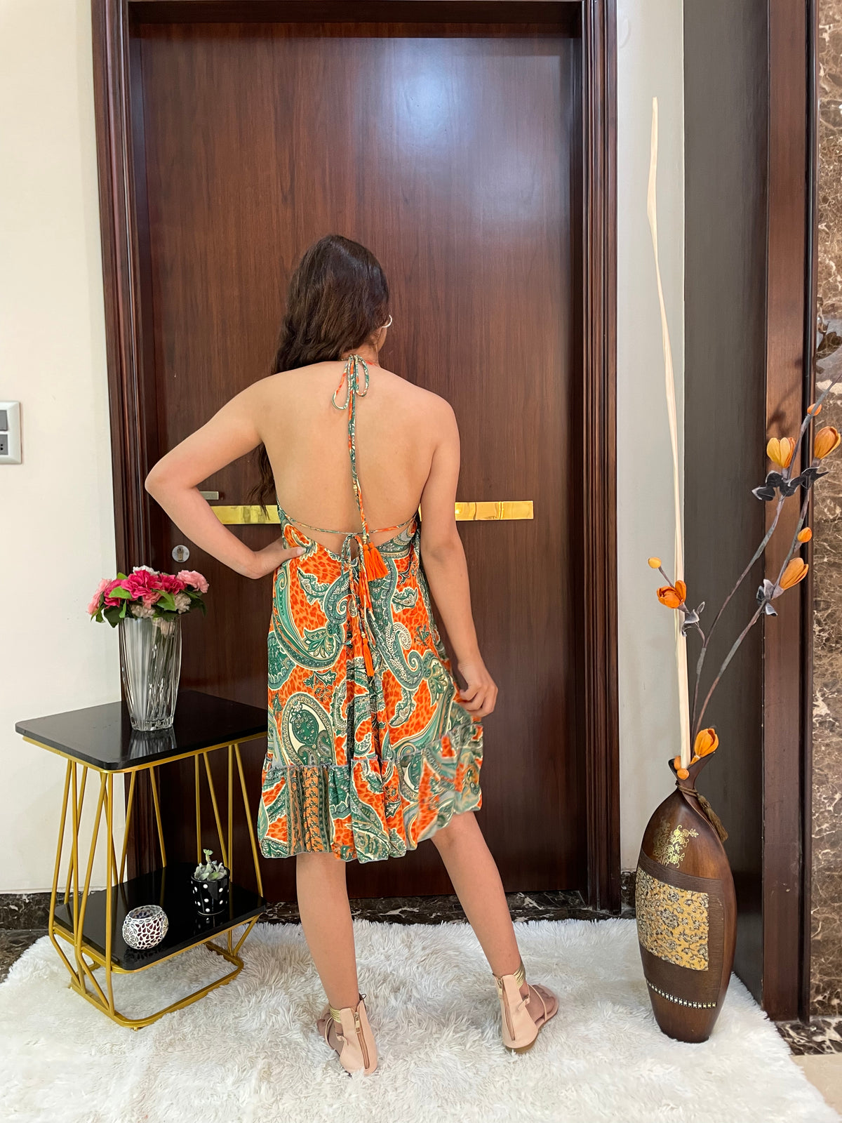 Backless deep v neck boho printed short dress - Orange