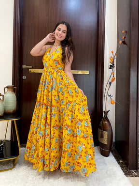 Sun Flower Halter Neck Cotton Long Dress