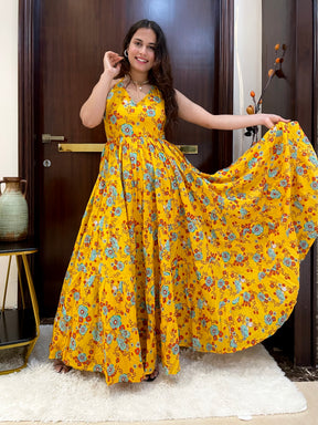 Sun Flower Halter Neck Cotton Long Dress