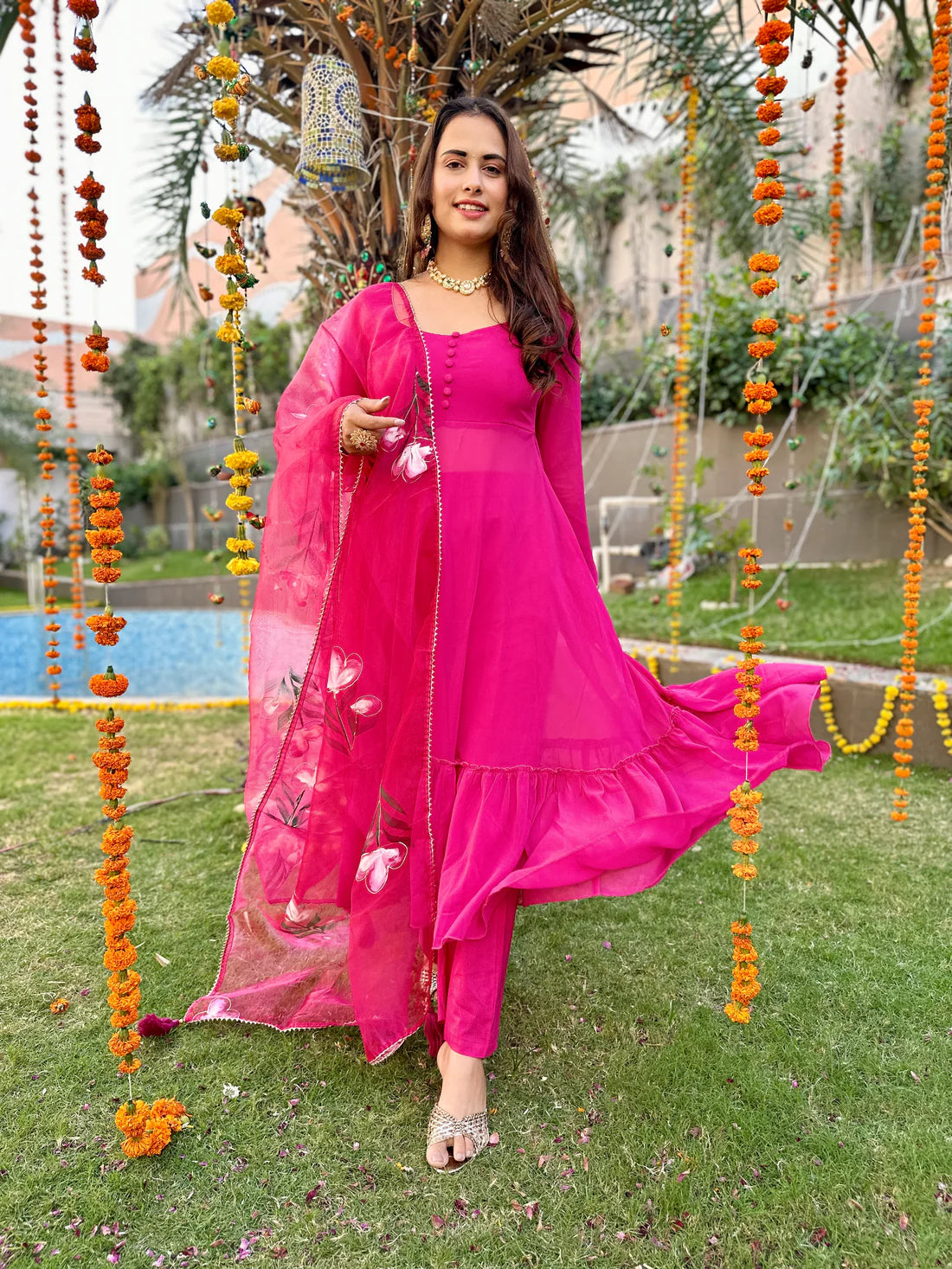 Organza Dupatta Pink Kurta Set