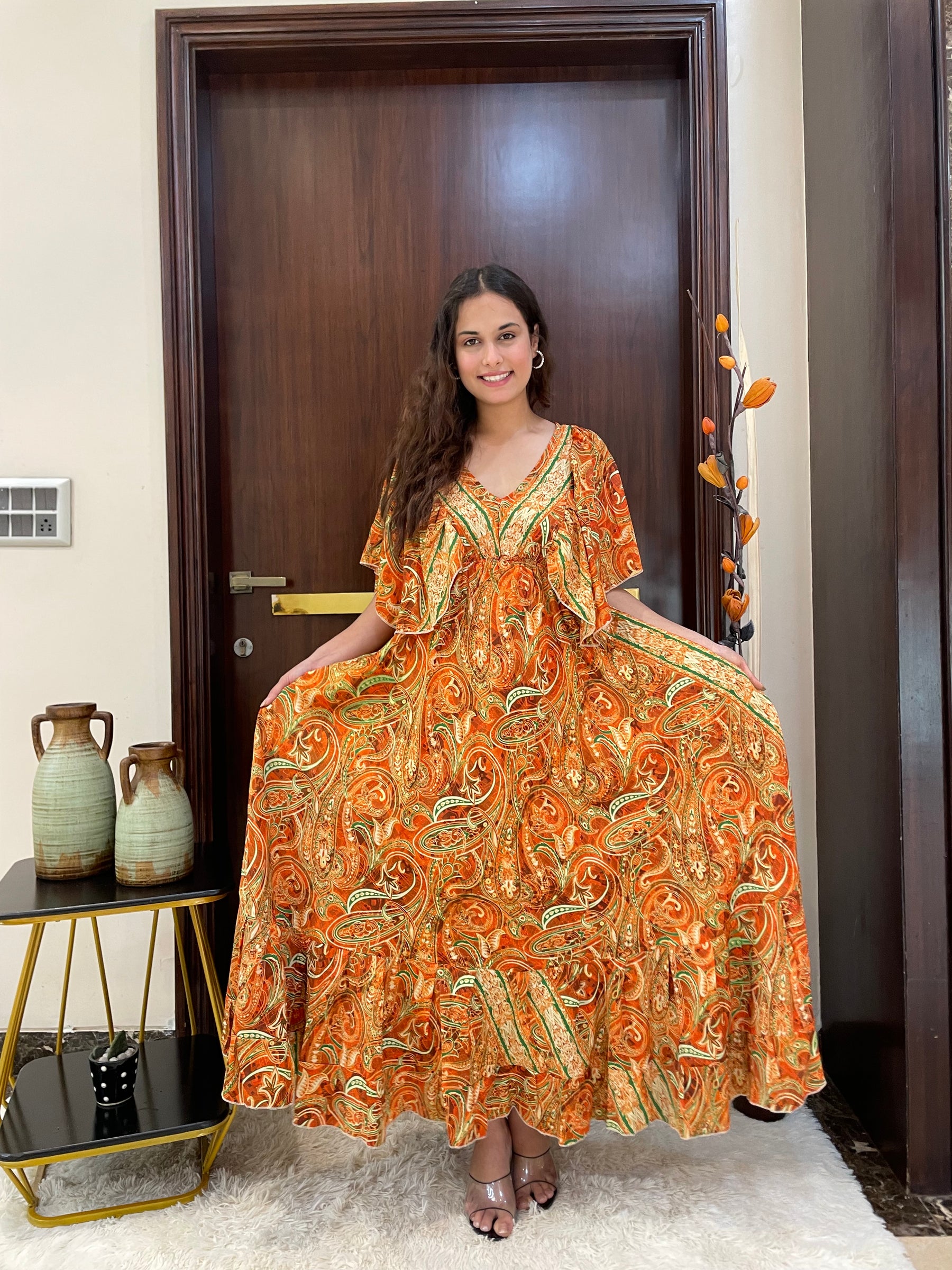 Butterfly sleeves pompom featured boho printed maxi dress in Orange