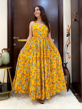 Sun Flower Halter Neck Cotton Long Dress