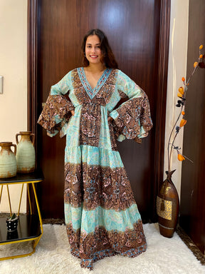 Ruffle Sleeves Boho Maxi Dress- Aqua Mocha