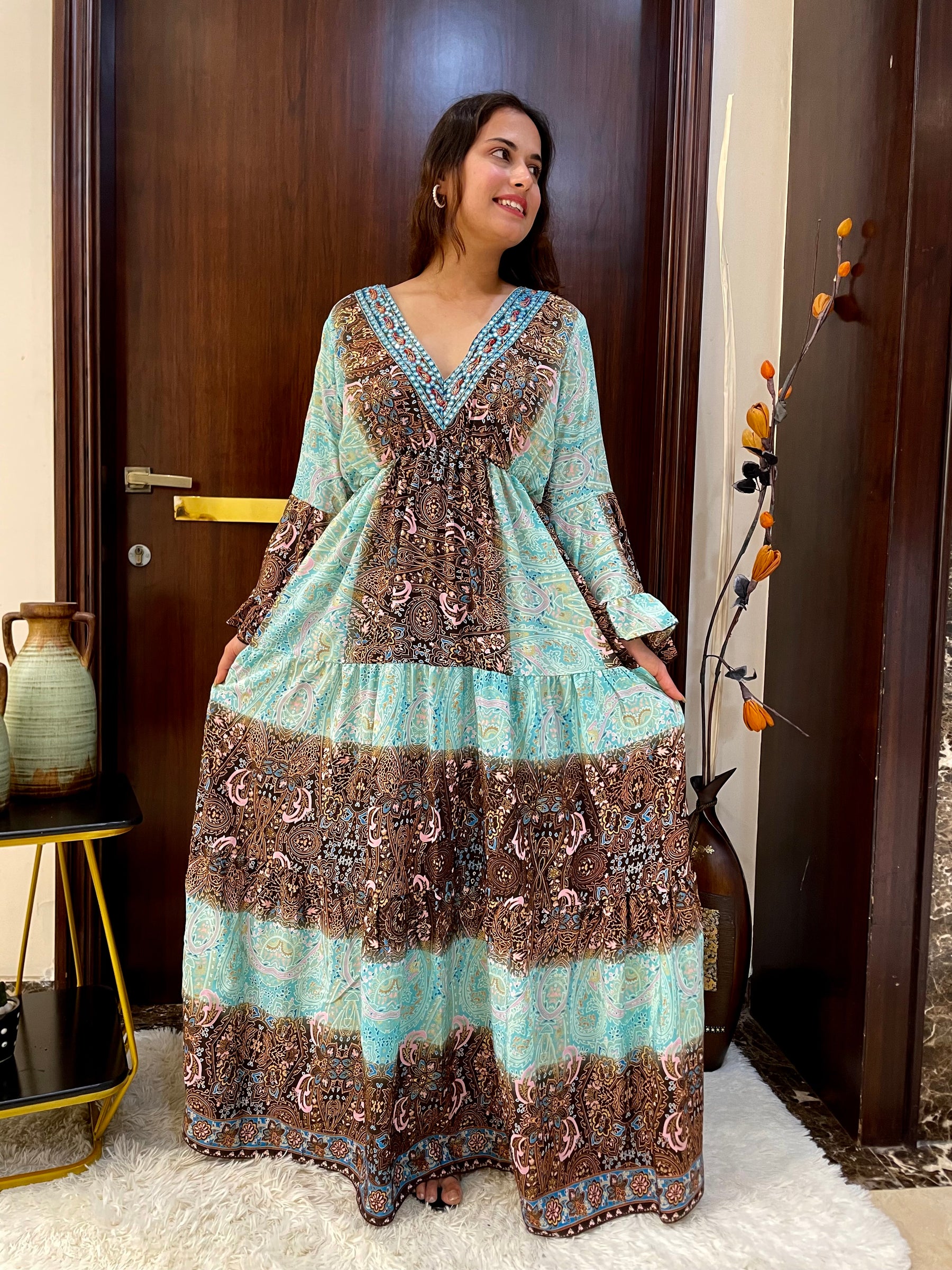 Ruffle Sleeves Boho Maxi Dress- Aqua Mocha