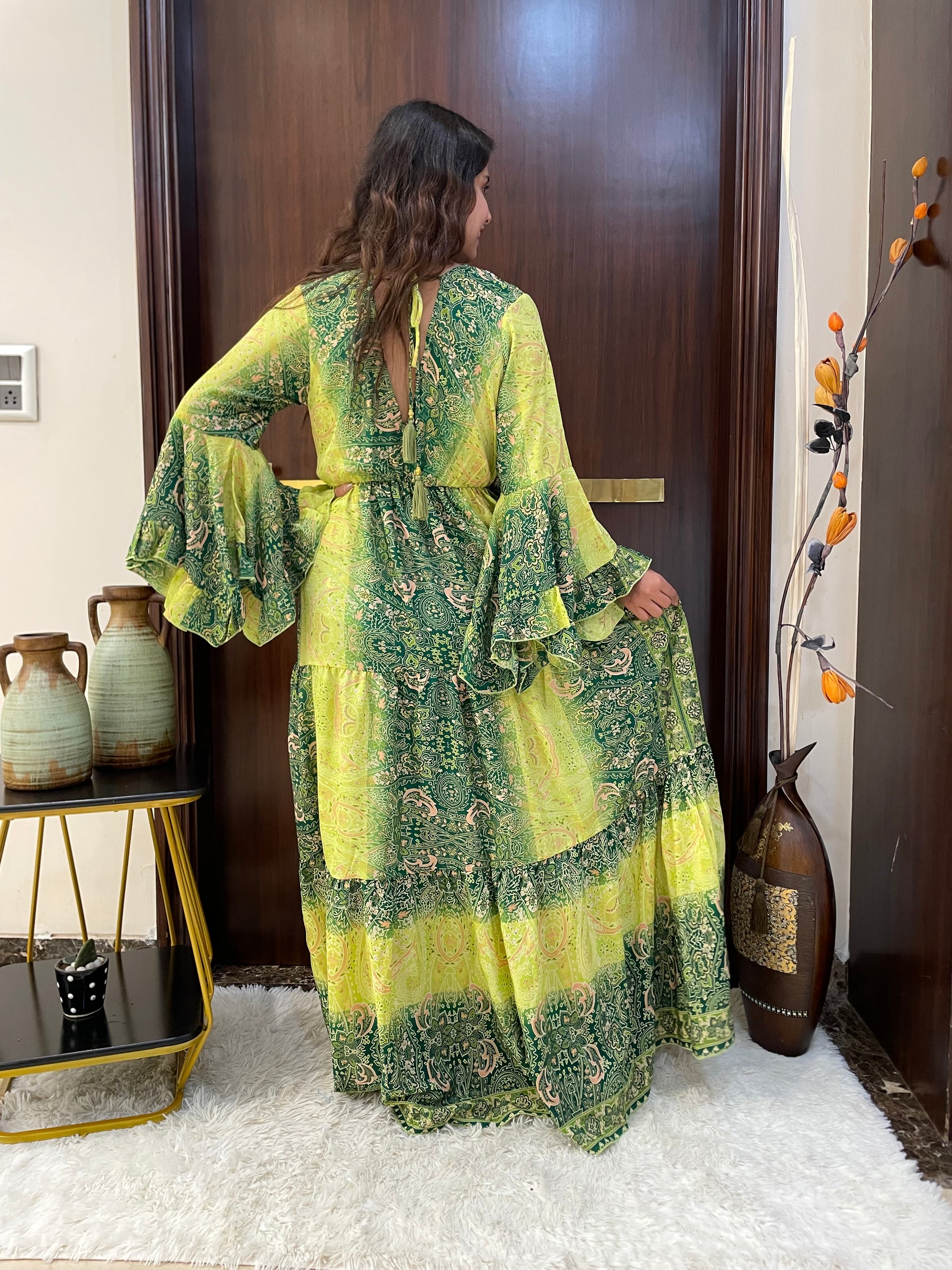 Ruffle Sleeves Boho Maxi Dress- Emerald Lime