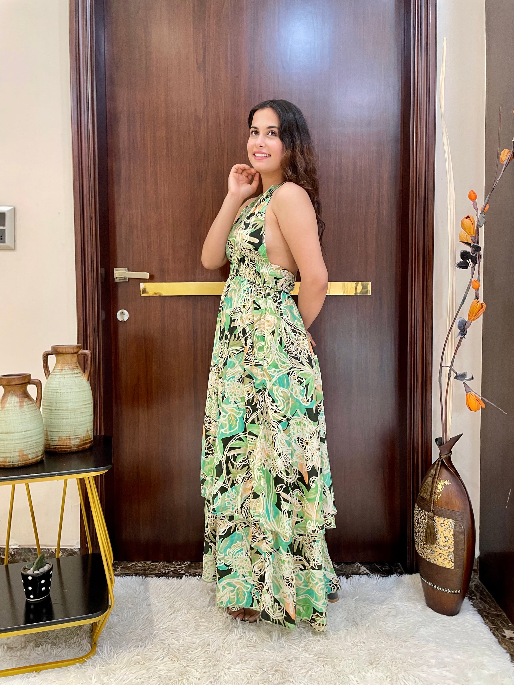 Tie Back Backless Boho Print Maxi Dress- SmisingBee