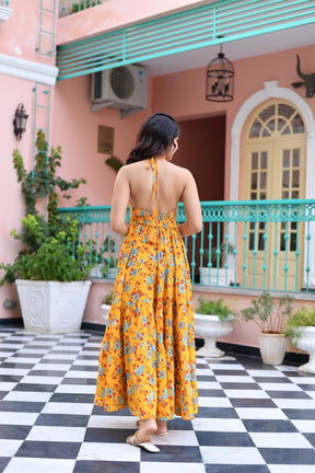 Sun Flower Halter Neck Cotton Long Dress