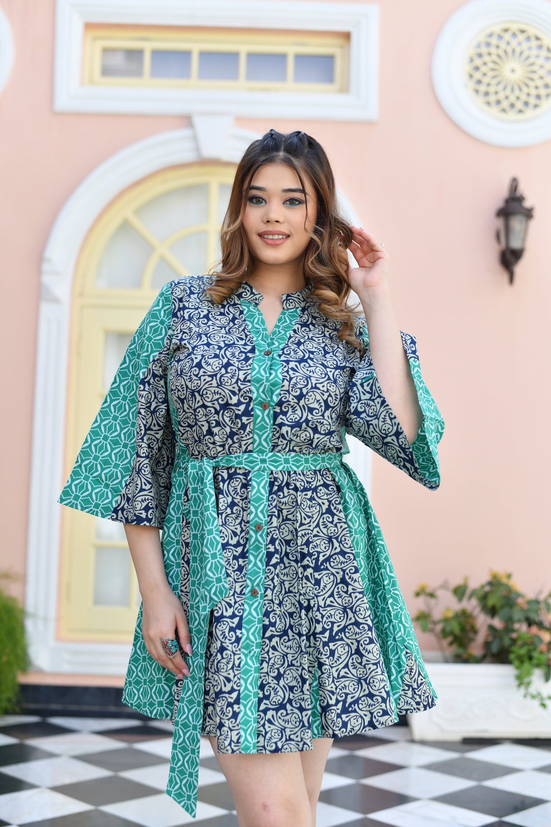 Teal Breeze Bell Sleeve Short Dress