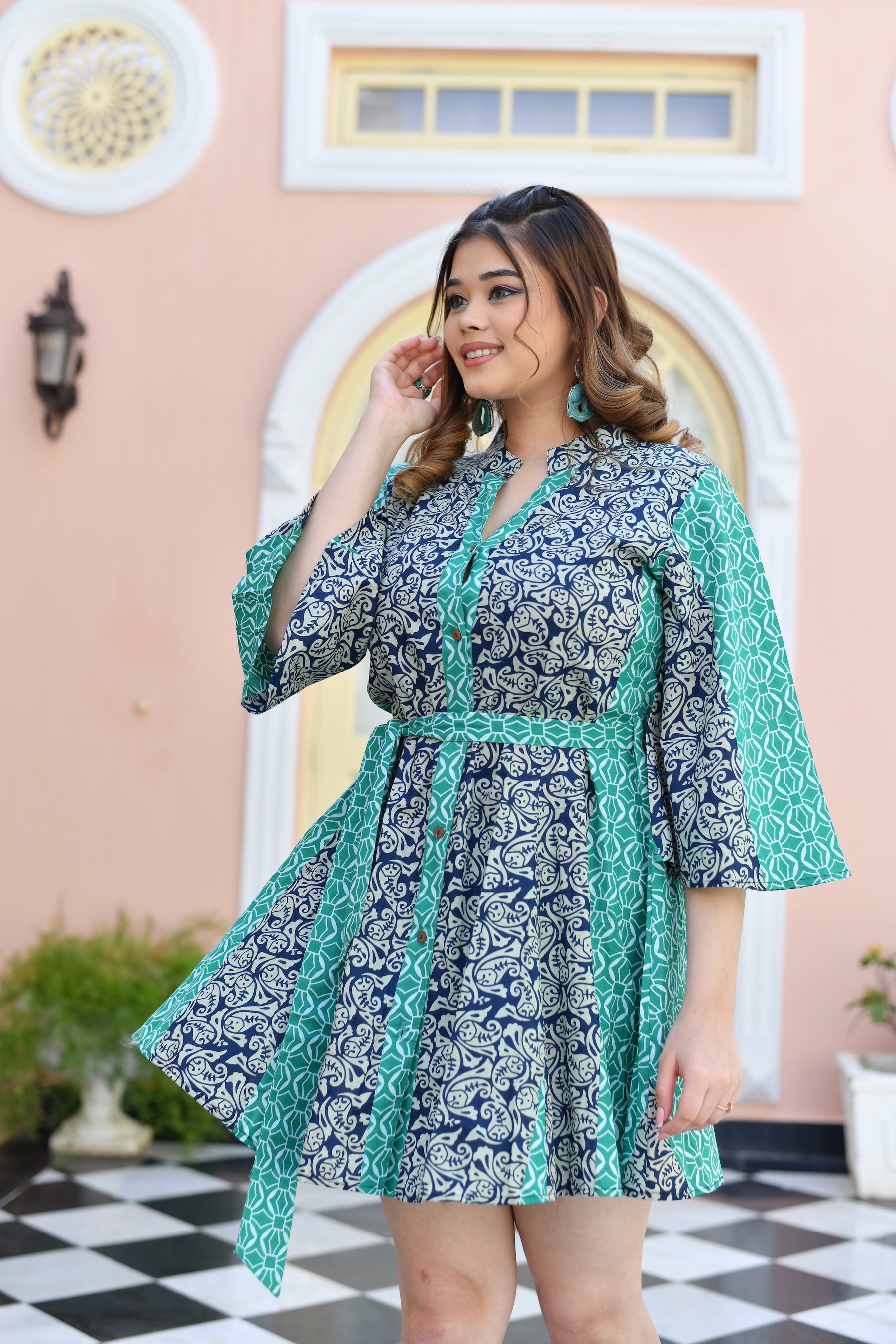 Teal Breeze Bell Sleeve Short Dress