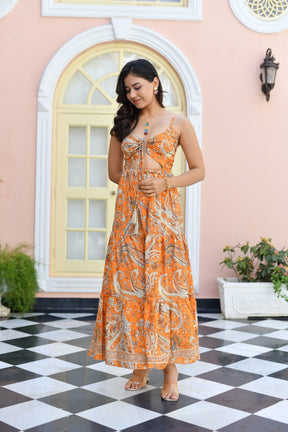 Cut Out Pattern Boho Printed Maxi Dress in Orange