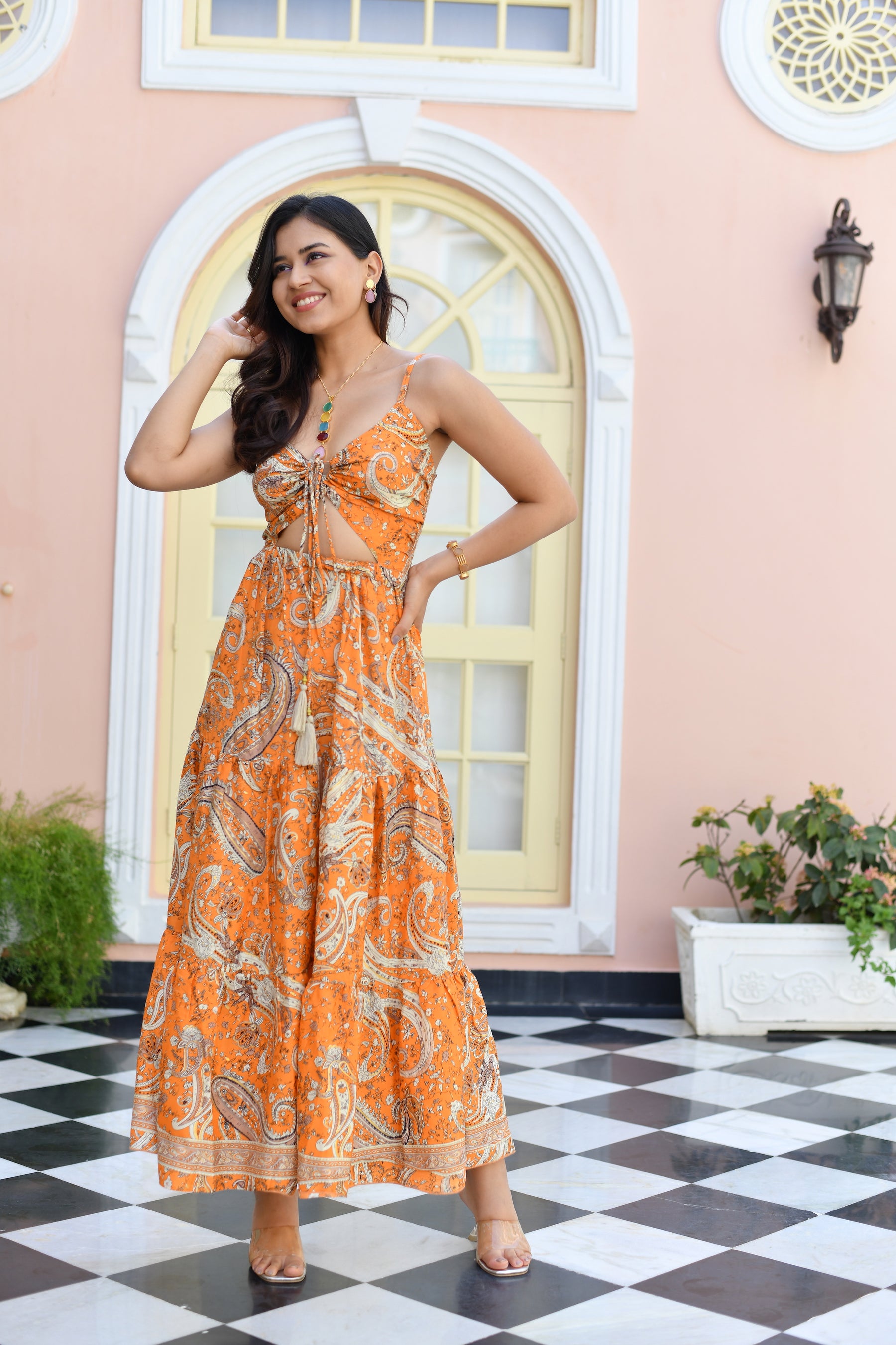 Cut Out Pattern Boho Printed Maxi Dress in Orange