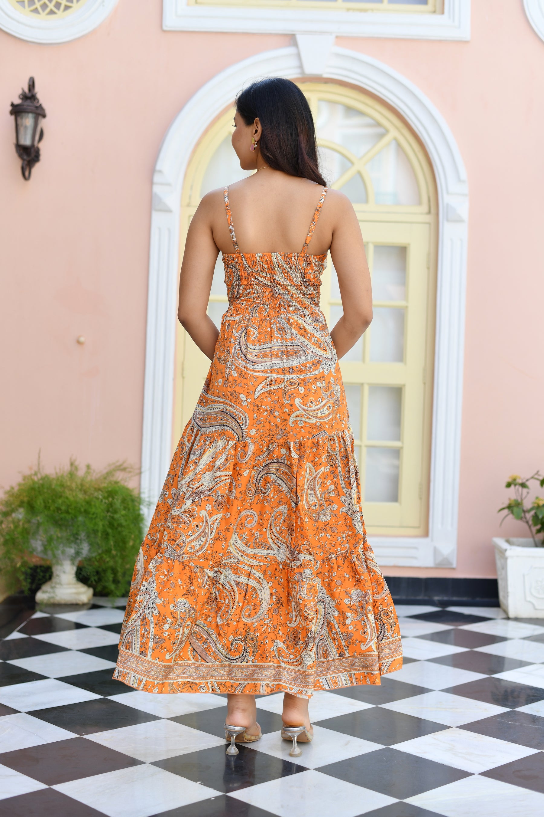 Cut Out Pattern Boho Printed Maxi Dress in Orange