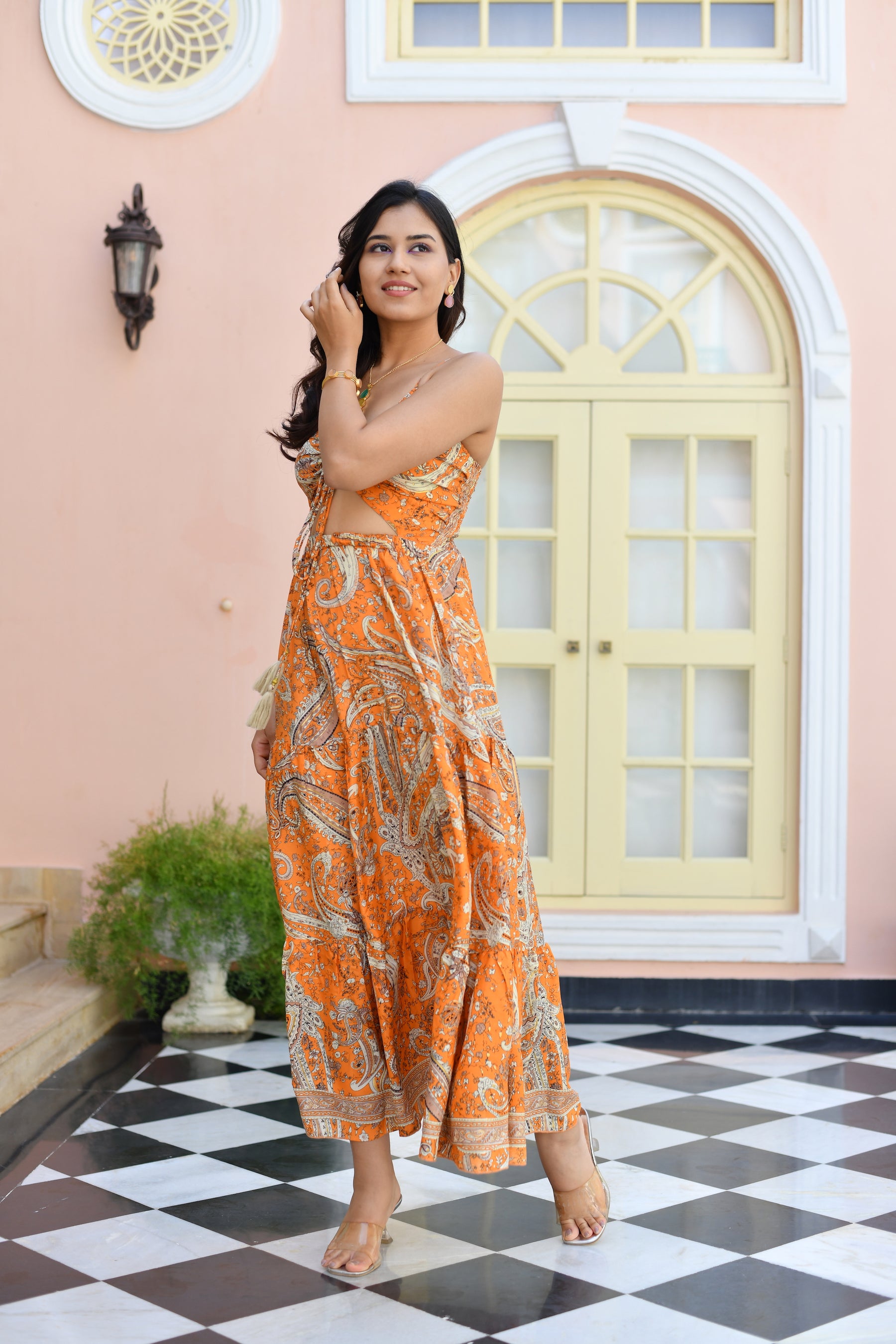 Cut Out Pattern Boho Printed Maxi Dress in Orange