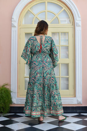 Butterfly sleeves pompom featured boho printed maxi dress