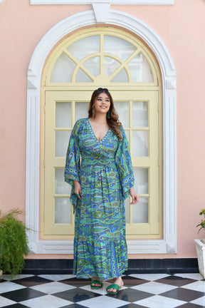 Embroidery Neckline Boho Printed Maxi Dress