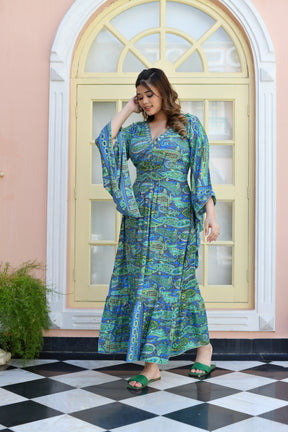 Embroidery Neckline Boho Printed Maxi Dress