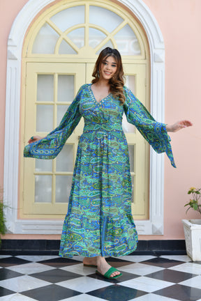 Embroidery Neckline Boho Printed Maxi Dress