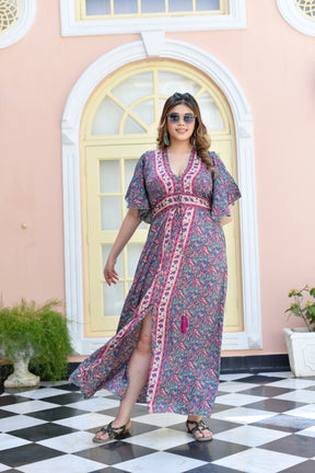 Butterfly Sleeves Middle Slit Foil Featured Maxi Dress