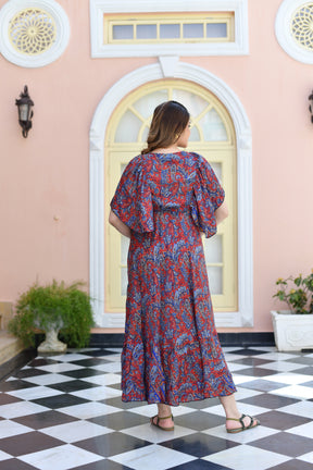 Deep V neck gold (foil) print featured boho maxi dress in Crimson Wings