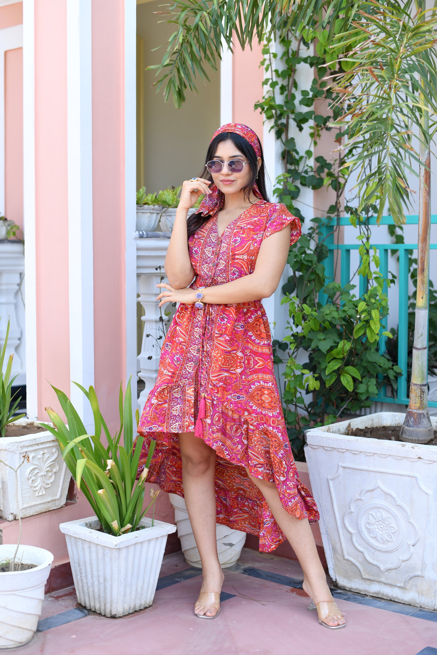 High low boho printed maxi dress in Red