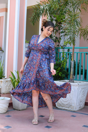 Boho Printed Wrap Around Asymmetric Dress