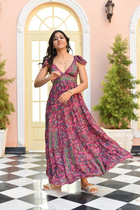 Multi-Tier Deep V Neck Cap Sleeves Boho Printed Maxi Dress