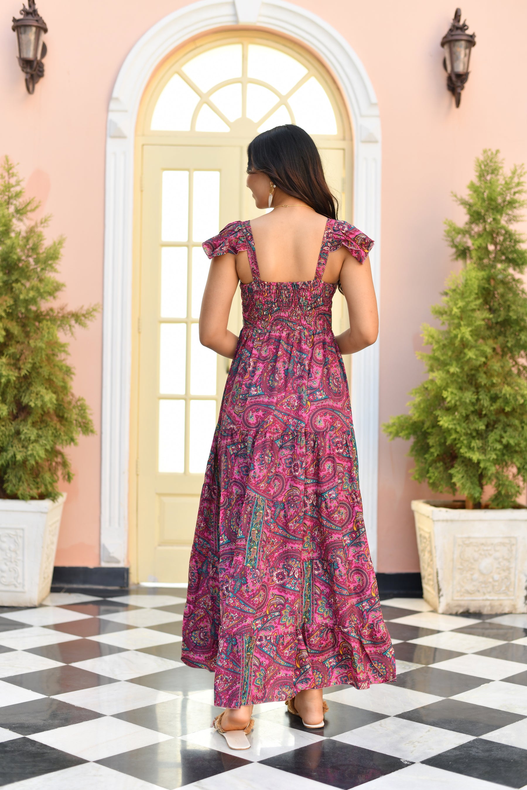 Multi-Tier Deep V Neck Cap Sleeves Boho Printed Maxi Dress