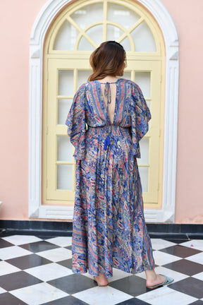 Bell Sleeves Criss Cross Front Boho Printed Maxi Dress -  Ocean Gypsy