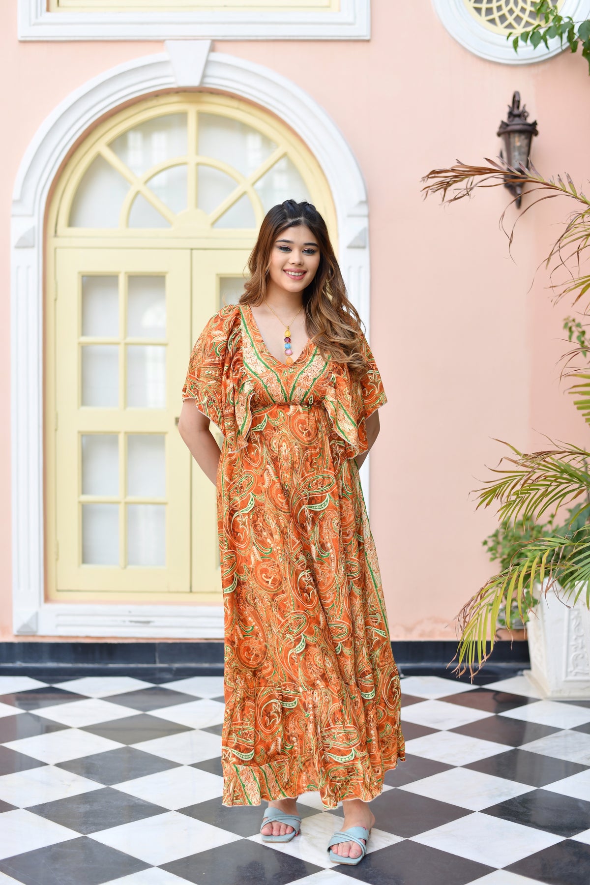 Butterfly sleeves pompom featured boho printed maxi dress in Orange