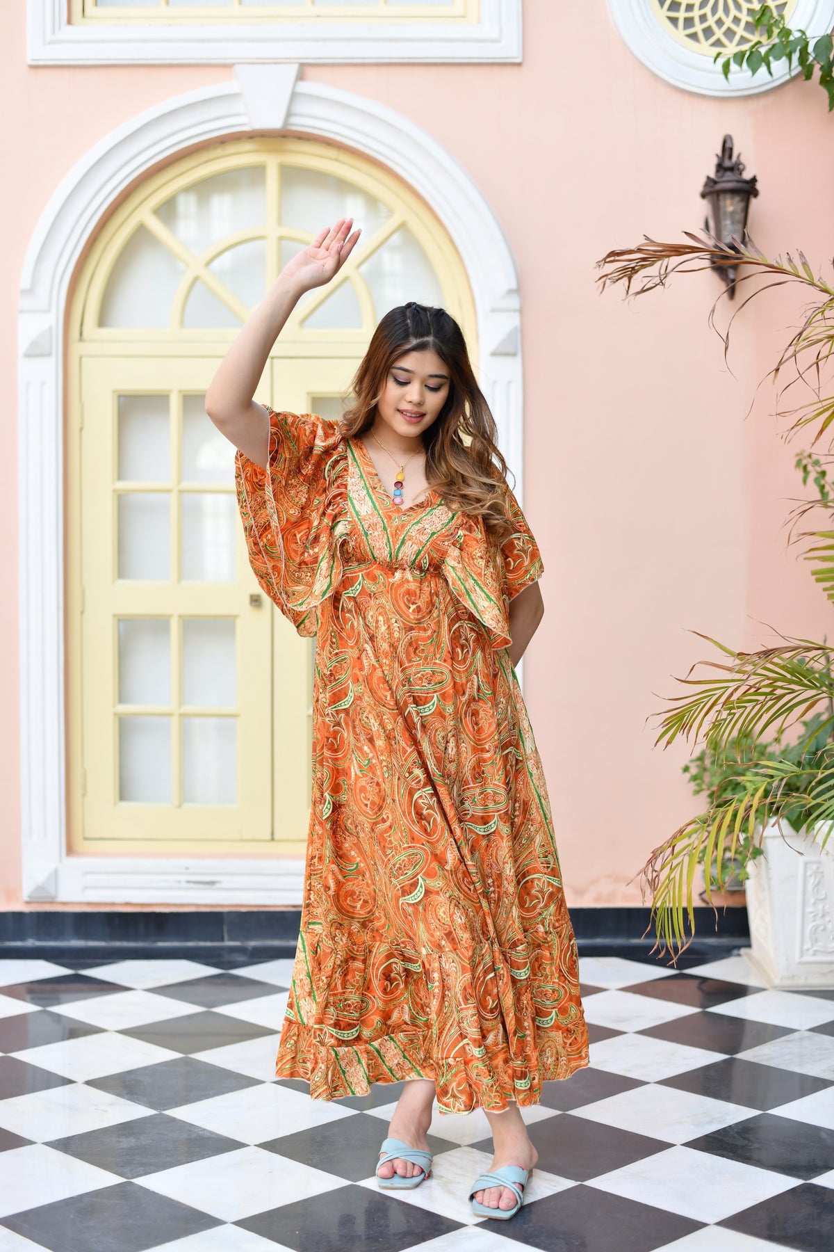 Butterfly sleeves pompom featured boho printed maxi dress in Orange