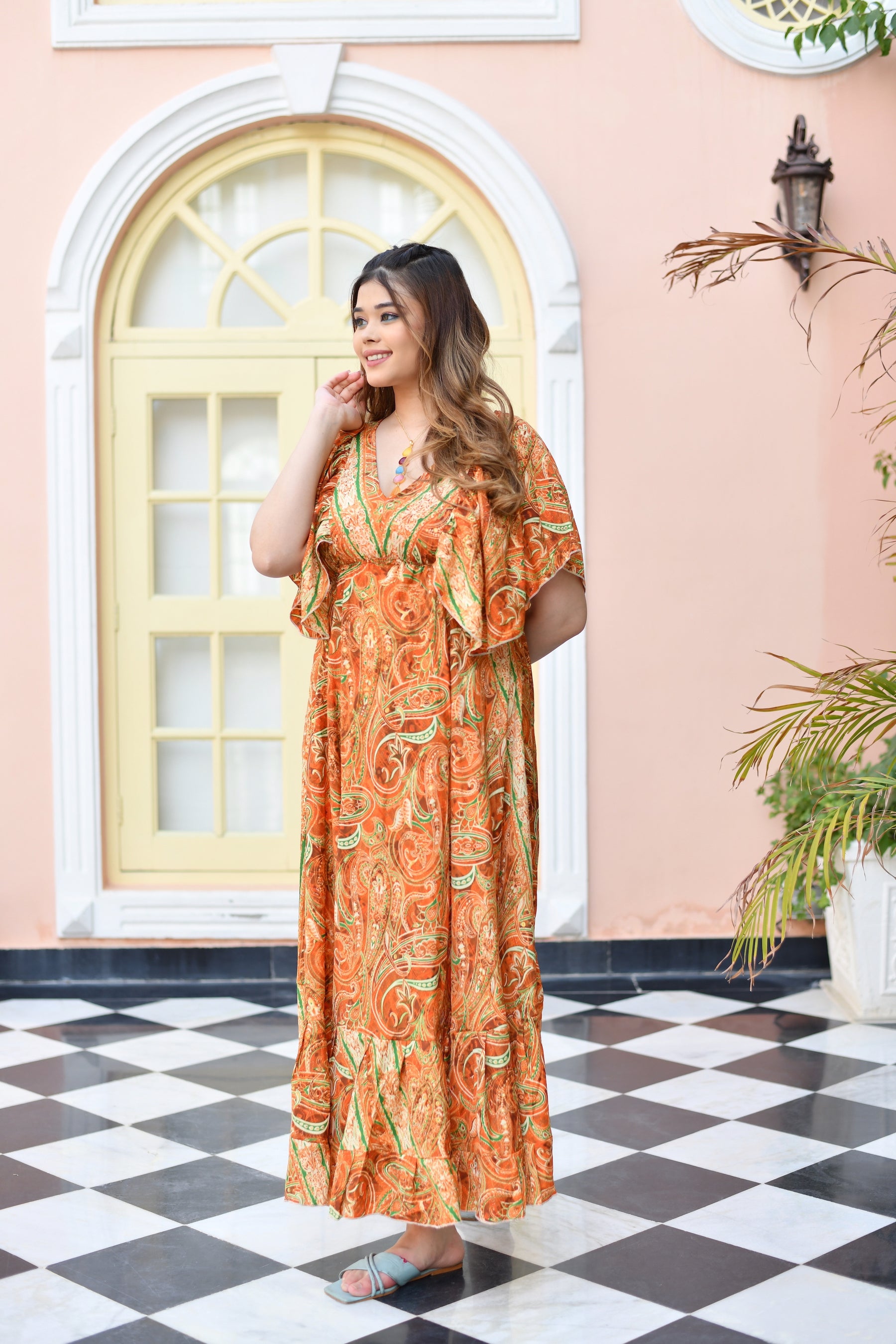 Butterfly sleeves pompom featured boho printed maxi dress in Orange