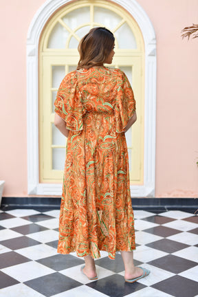 Butterfly sleeves pompom featured boho printed maxi dress in Orange